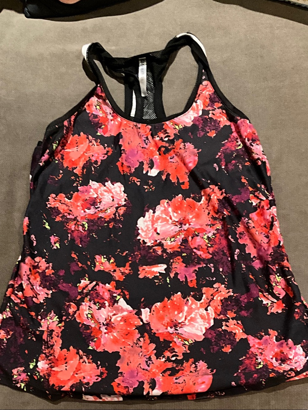 Fabletics Black Tank Top with Pink & Red Floral Print